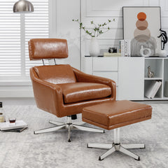 PU Leather Swivel Armchair with Ottoman - Brown