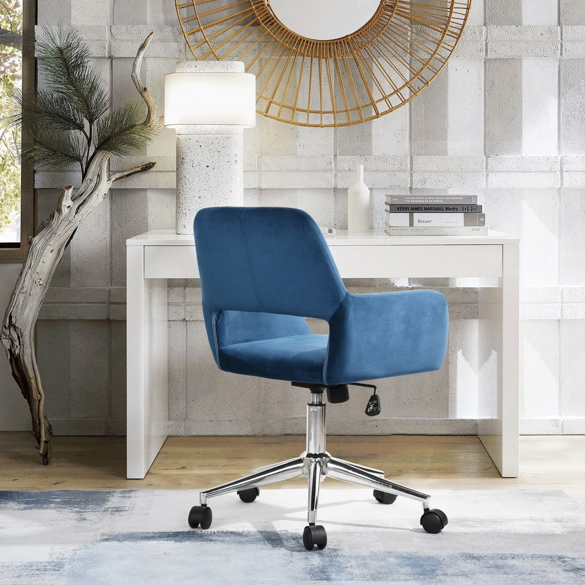 Modern Velvet Upholstered Adjustable Swivel Office Chair - Blue