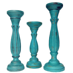 Handmade Wooden Candle Holder with Pillar Base Support (Set of 3) - Turquoise Blue