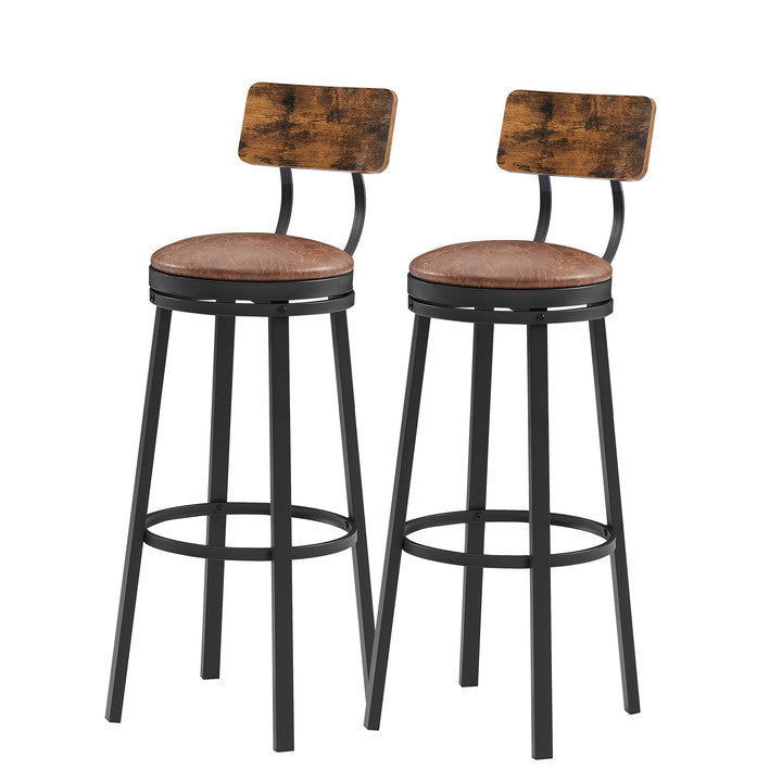 High Bar Stool With Backrest PU Soft Seat Cushion and Footrest (Set of 2) - Rustic Brown
