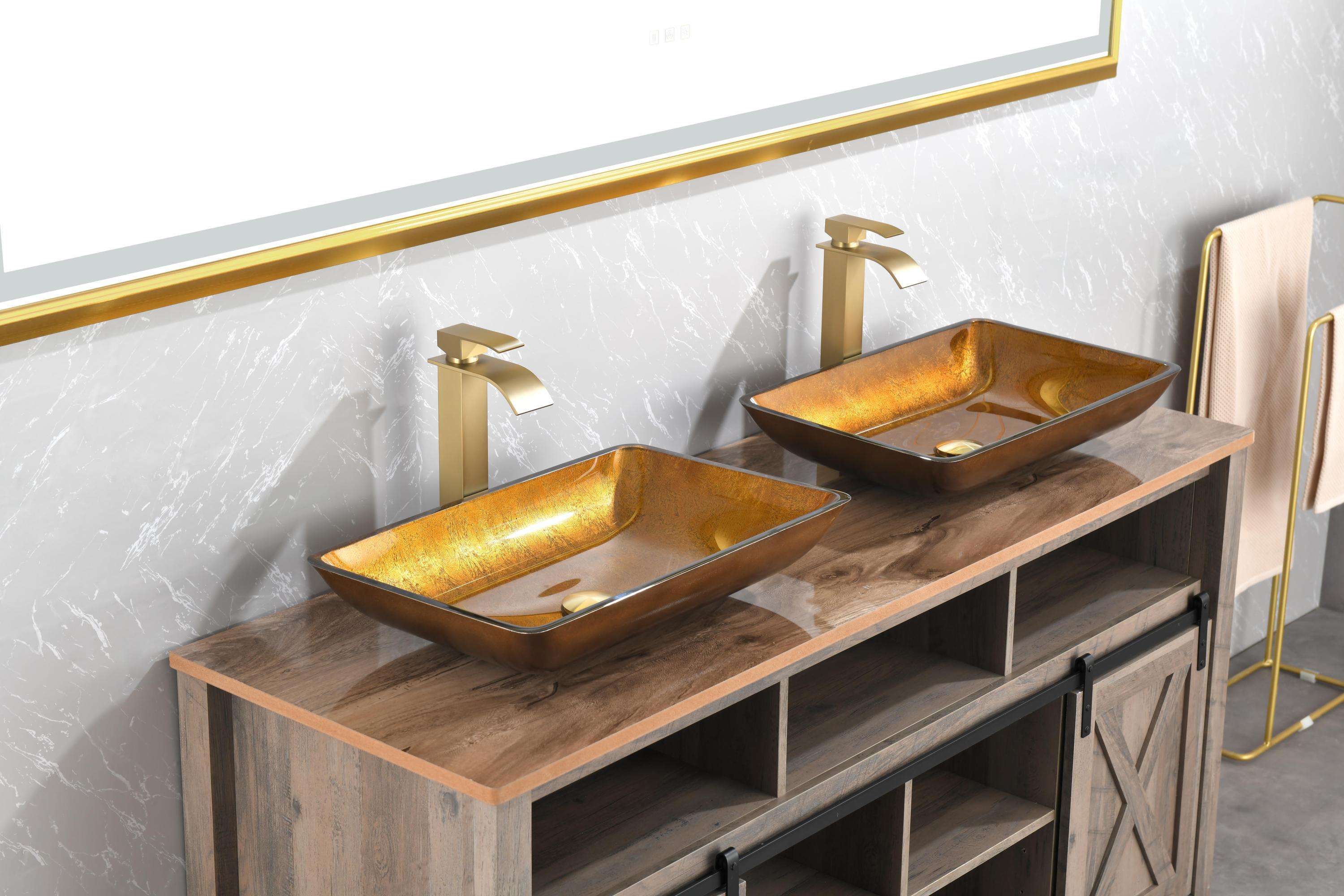 22.25" L -14.25" W -4 1/2" H Glass Rectangular Vessel Bathroom Sink Set with Gold Faucet and Gold Pop Up Drain
