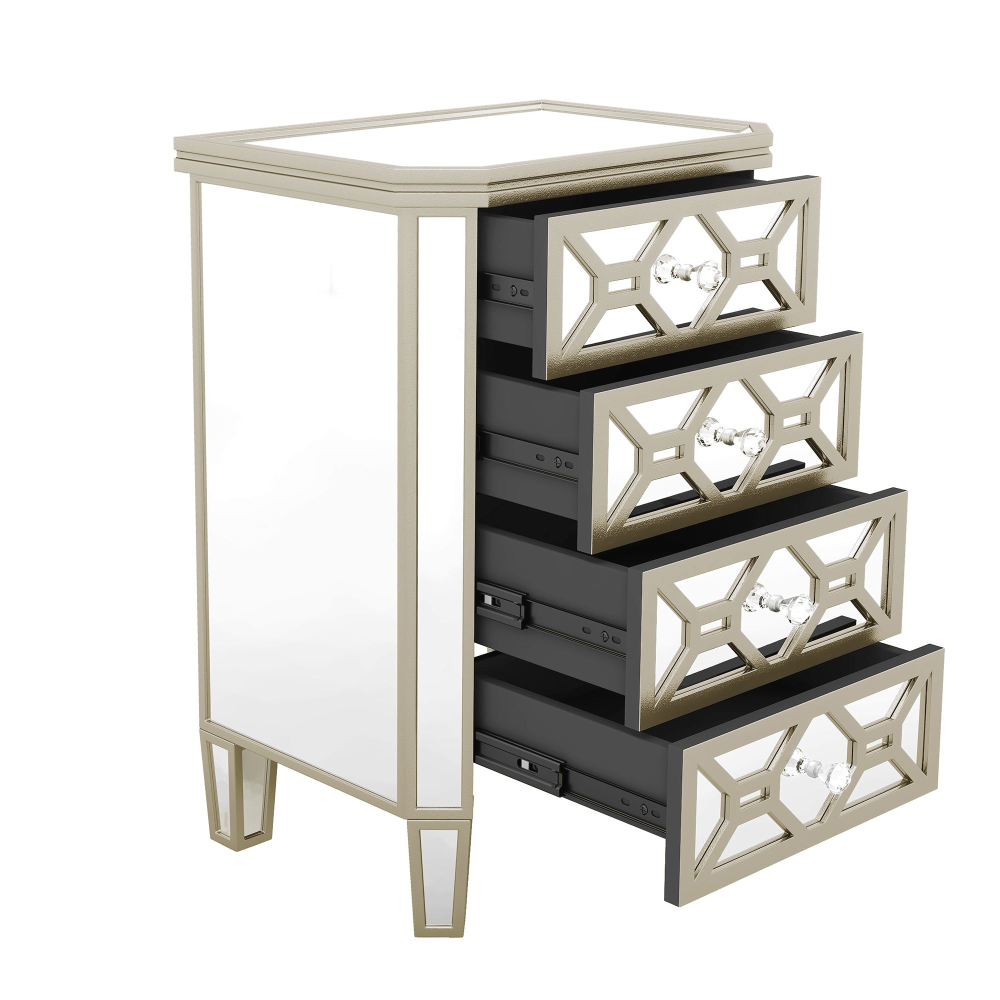 Elegant Mirrored 4-Drawer Chest with Golden Lines Storage Cabinet
