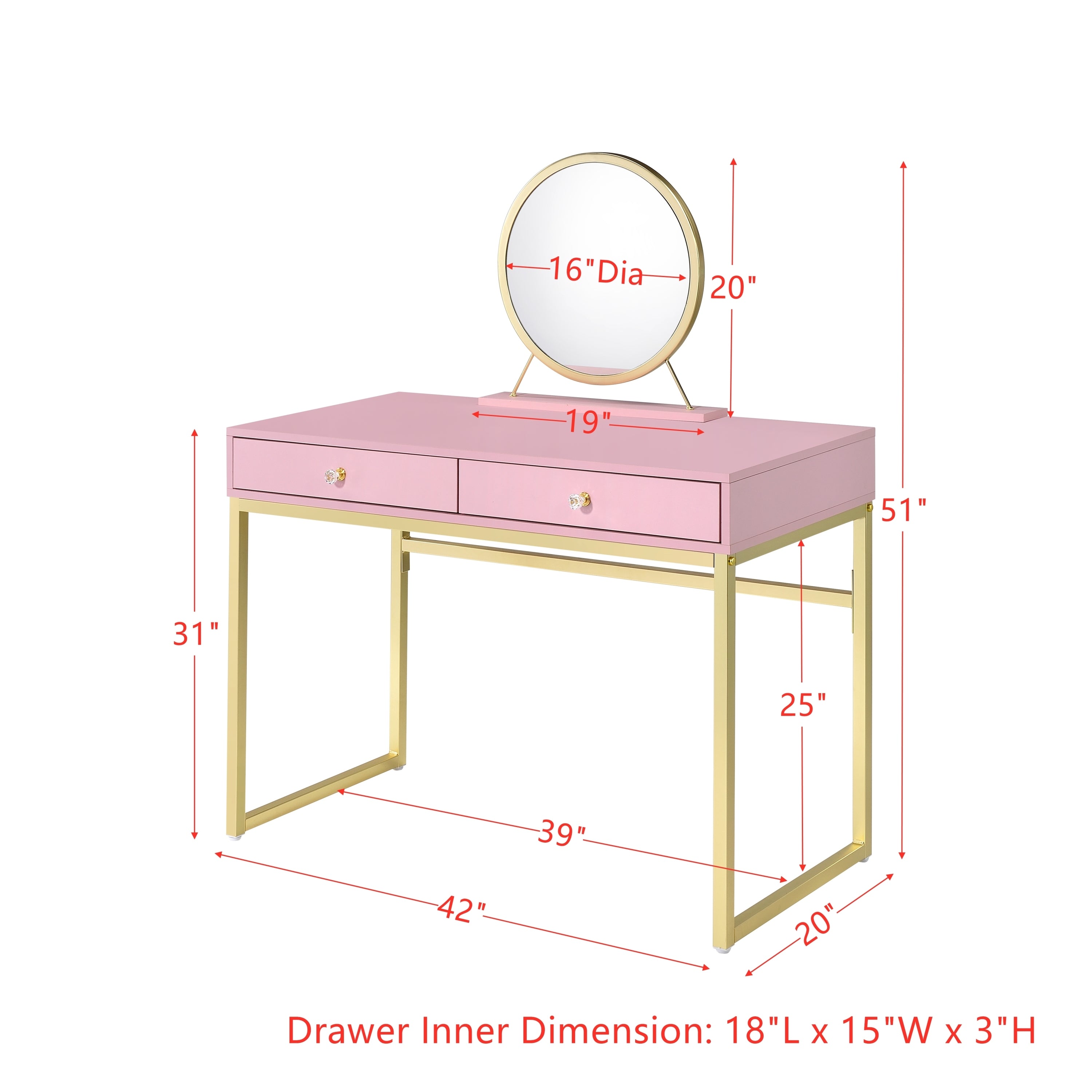 Vanity Desk w/Mirror & Jewelry Tray - Pink & Gold Finish