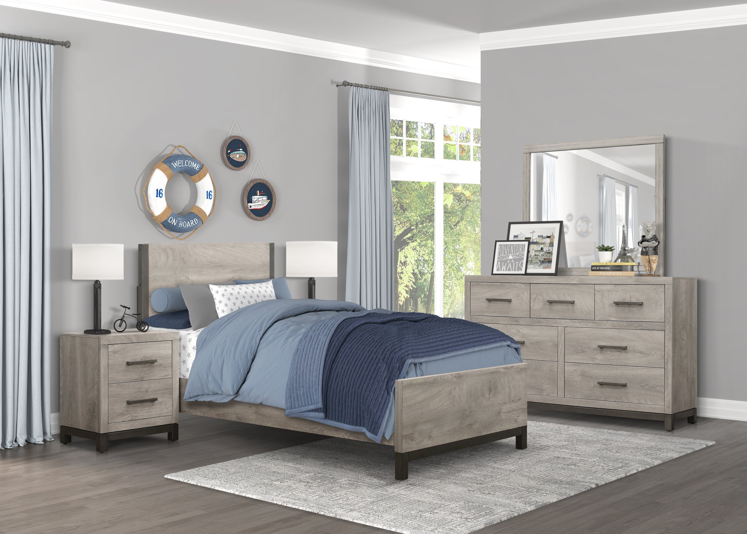 Light Gray Finish Dresser 7x Drawers Metal Bar Hardware Premium Melamine Board