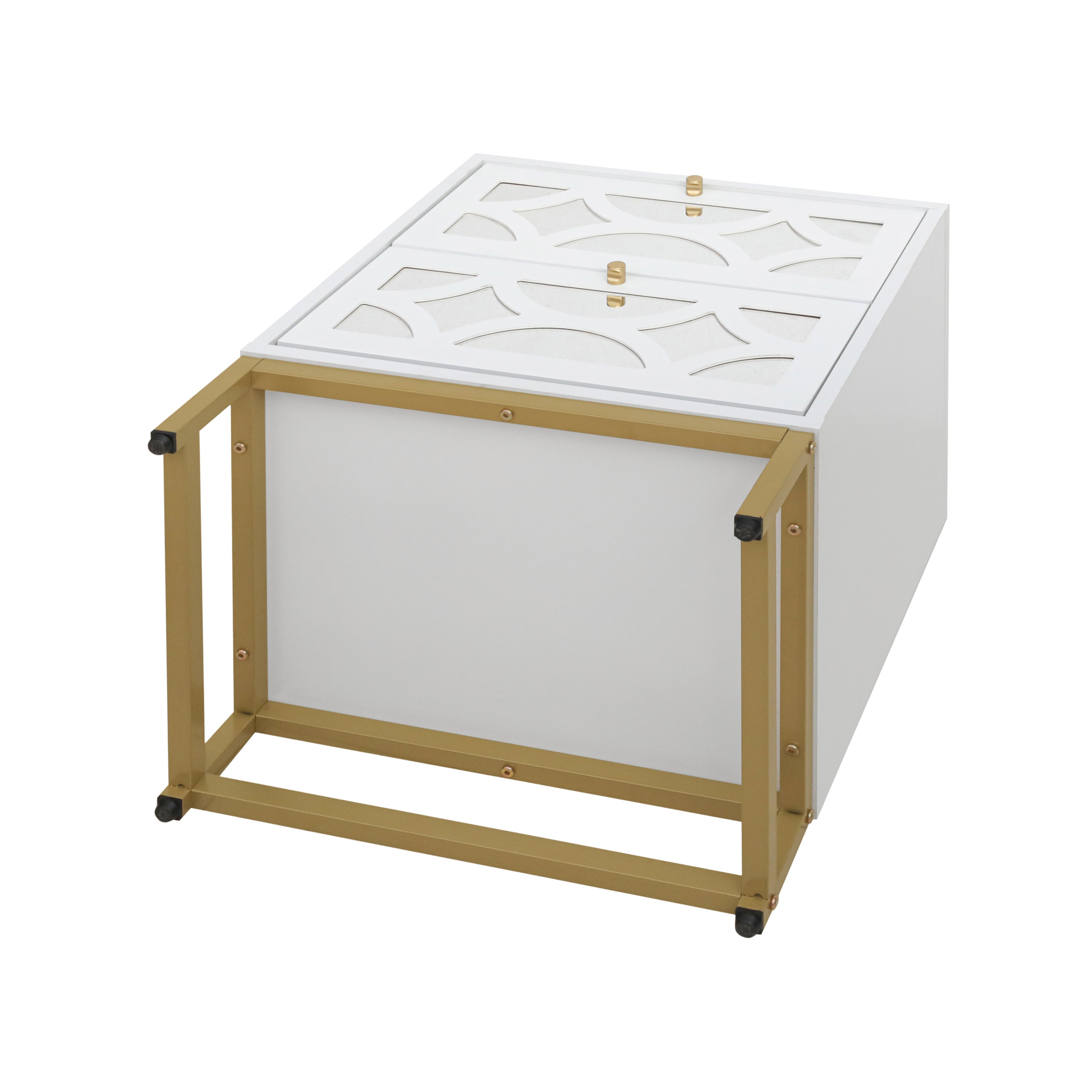 Small Bedside Table with 2 Drawers, White Mirrored Nightstand, with Gold Legs