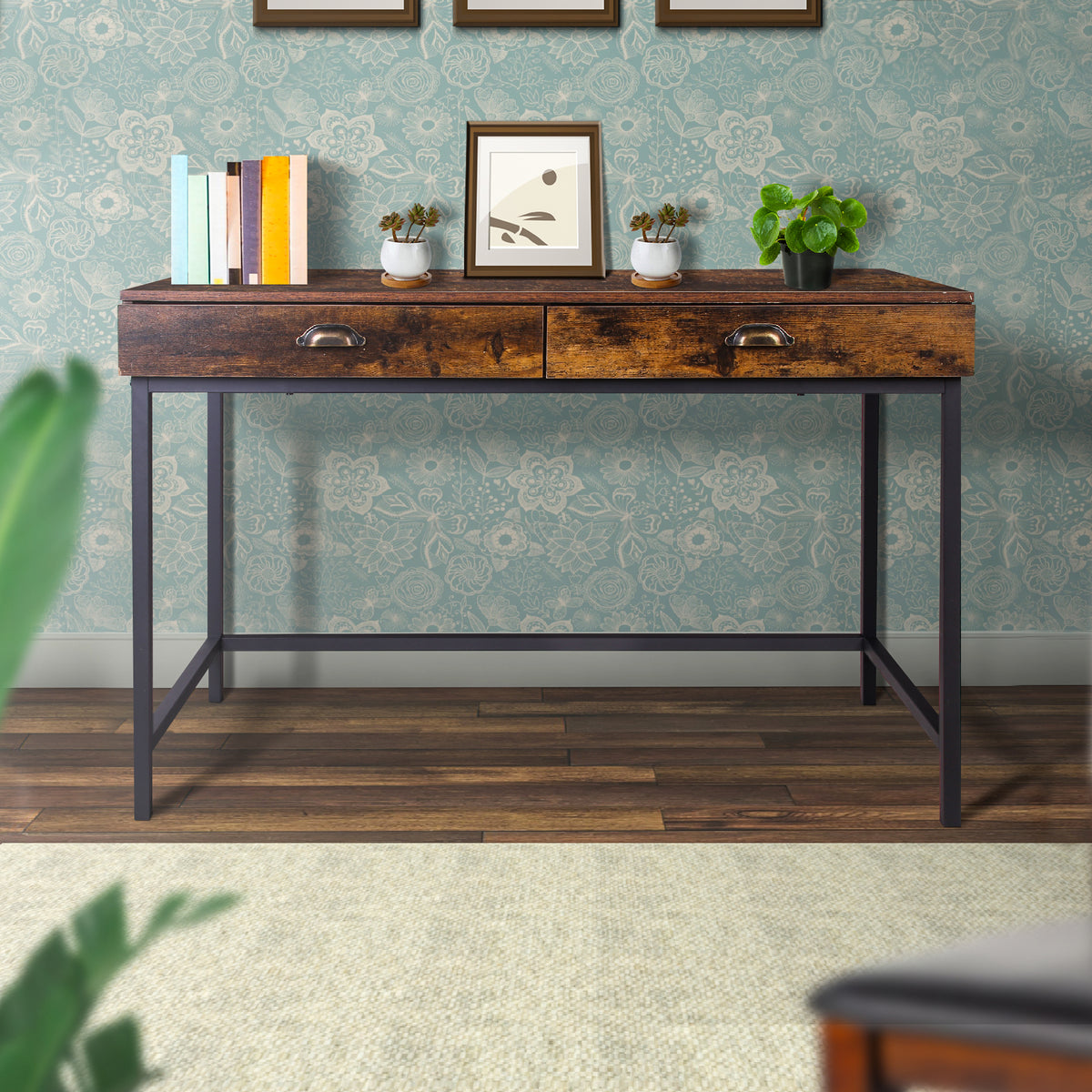 Industrial Grained Wooden Computer Desk with 2 Drawers - Brown and Black