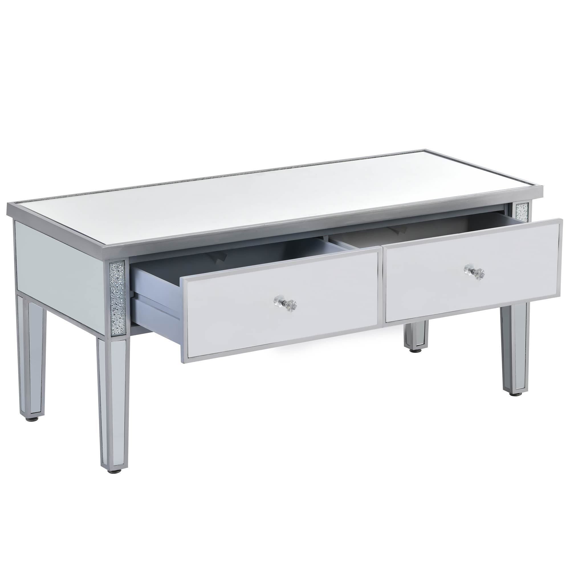 Modern Glass Mirrored Coffee Table with 2 Drawers, Cocktail Table with Crystal Handles and Adjustable Height Legs - Silver