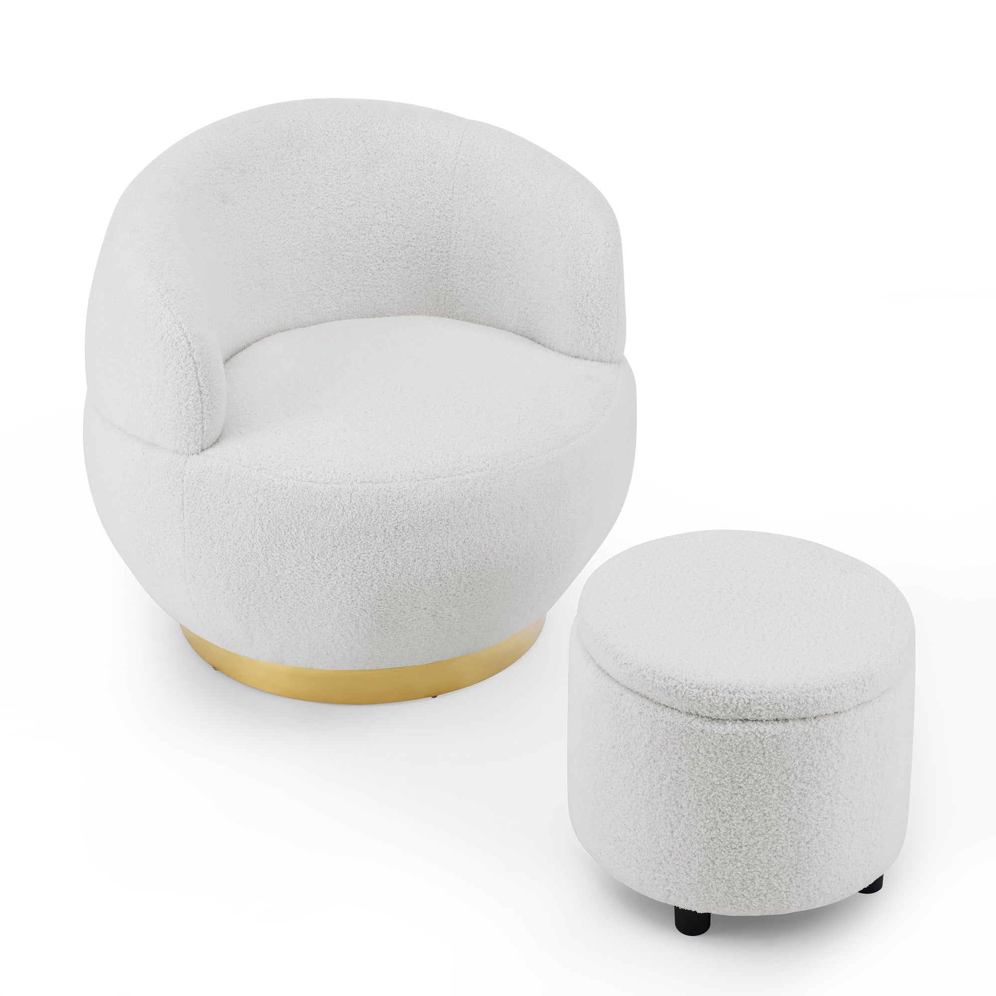 Swviel Barrel Chair Gold Stainless Steel Base with Storage Ottoman - Teddy Fabric Ivory