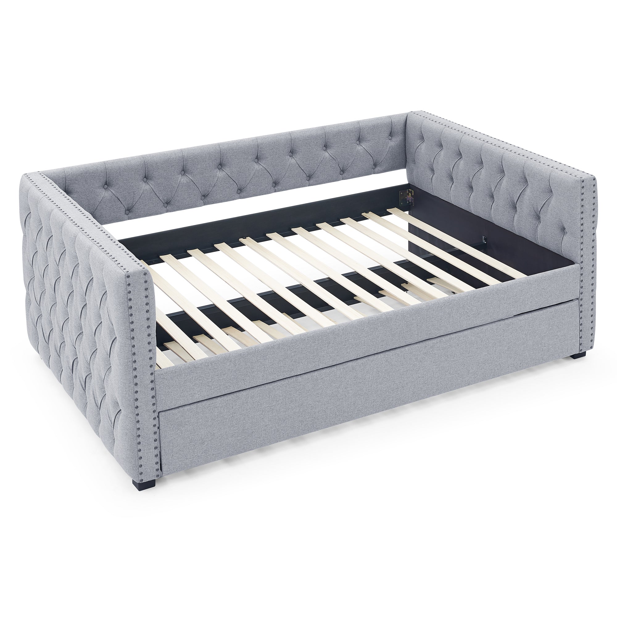 Full Daybed & Twin Trundle with Button and Copper Nail on Square Arms - Grey