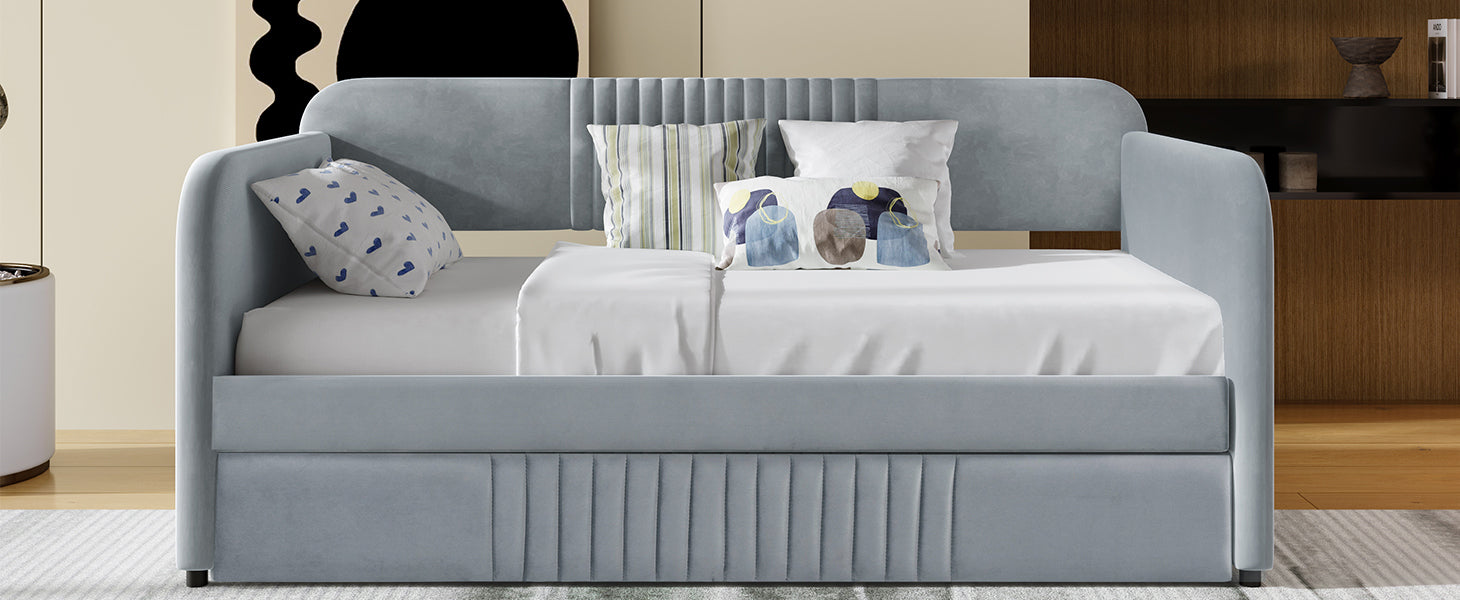 Upholstered Daybed Sofa Bed Twin Size With Trundle Bed and Wood Slat - Grey