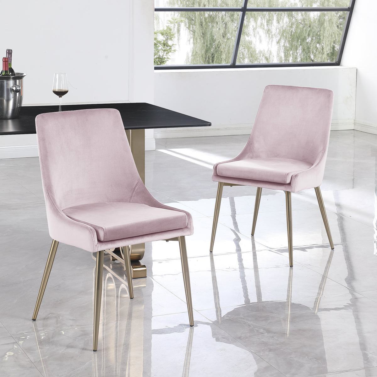 Contemporary Velvet Upholstered Dining Chair with Sturdy Metal Legs (Set of 2) Light Pink