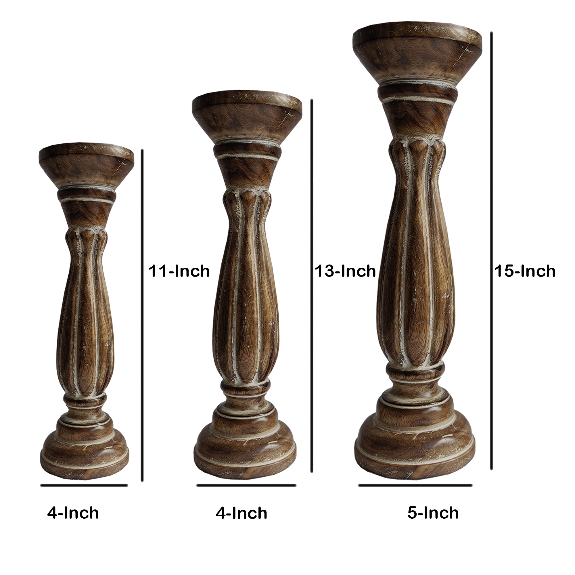 Handmade Wooden Candle Holder with Pillar Base Support (Set of 3) - Distressed Brown