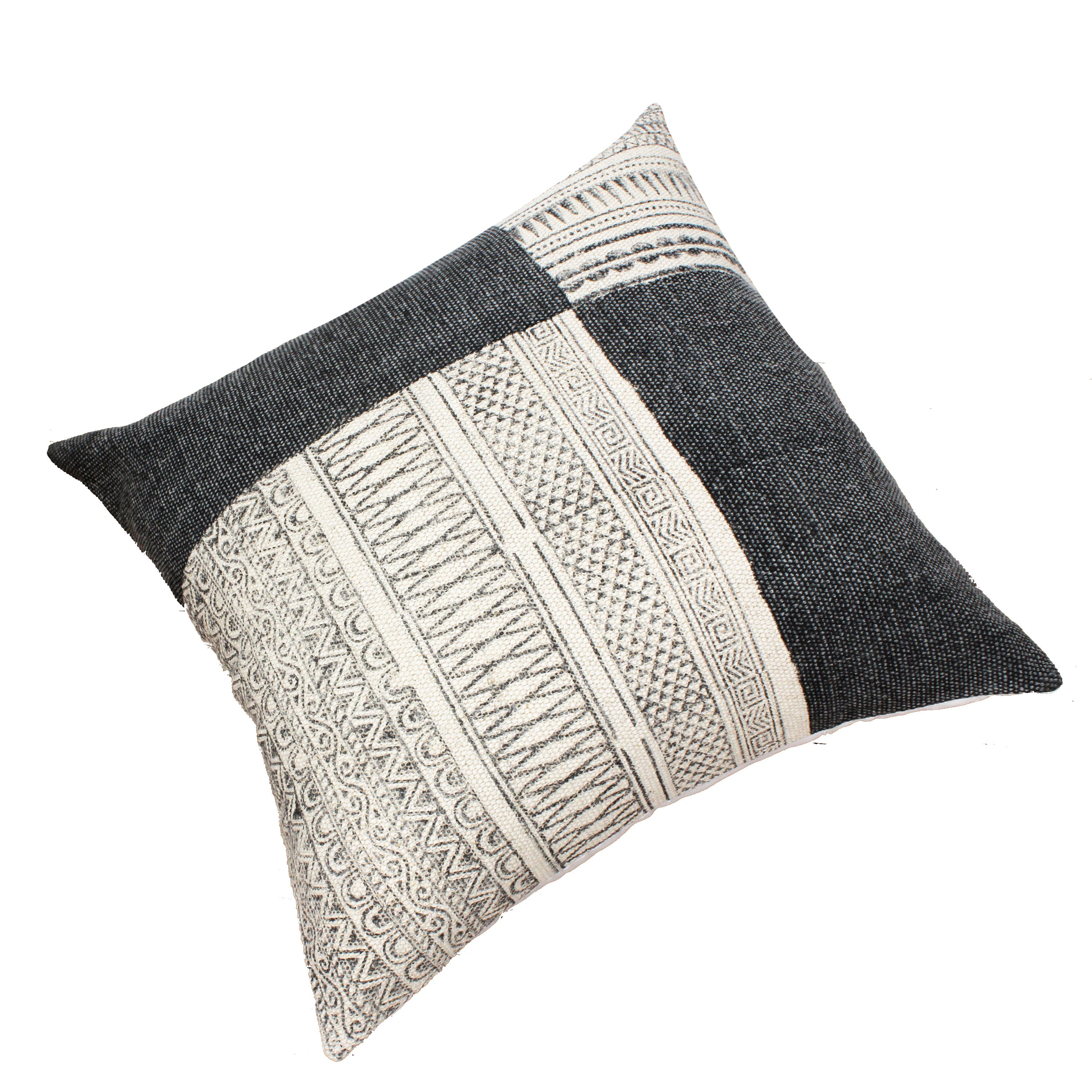 Square Handwoven Accent Throw Pillow, Cotton Dhurrie, Classic Kilim Pattern - Gray & Off White