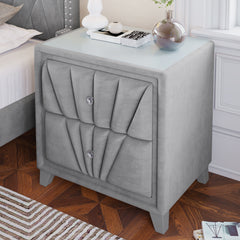 Contemporary Velvet Upholstered Glass Top Nightstand End table with 2 Drawers - Gray