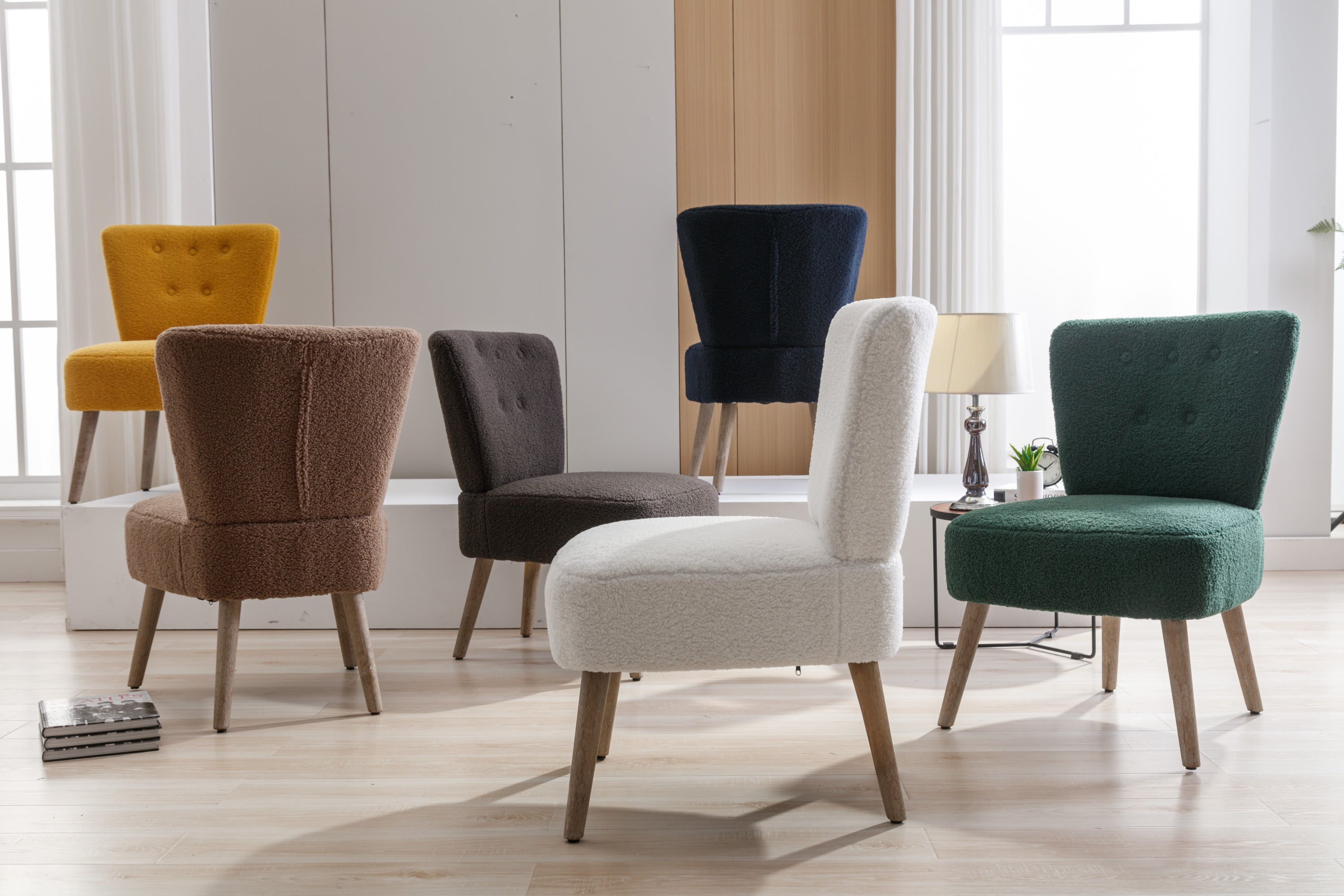 Teddy Fabric Button Accent Slipper Chair With Wooden Legs - White