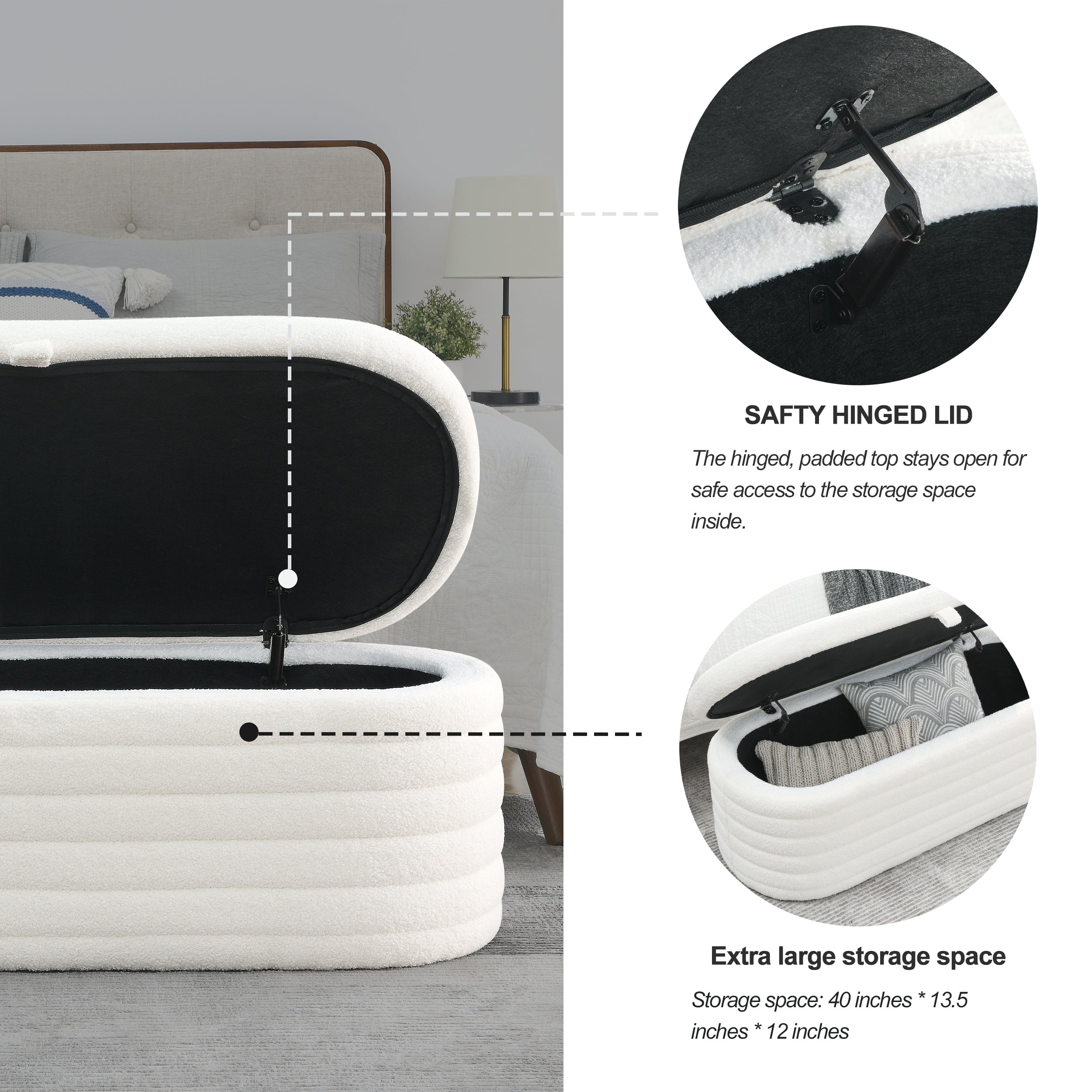 Storage Ottoman Bench Upholstered Fabric Storage - White Teddy