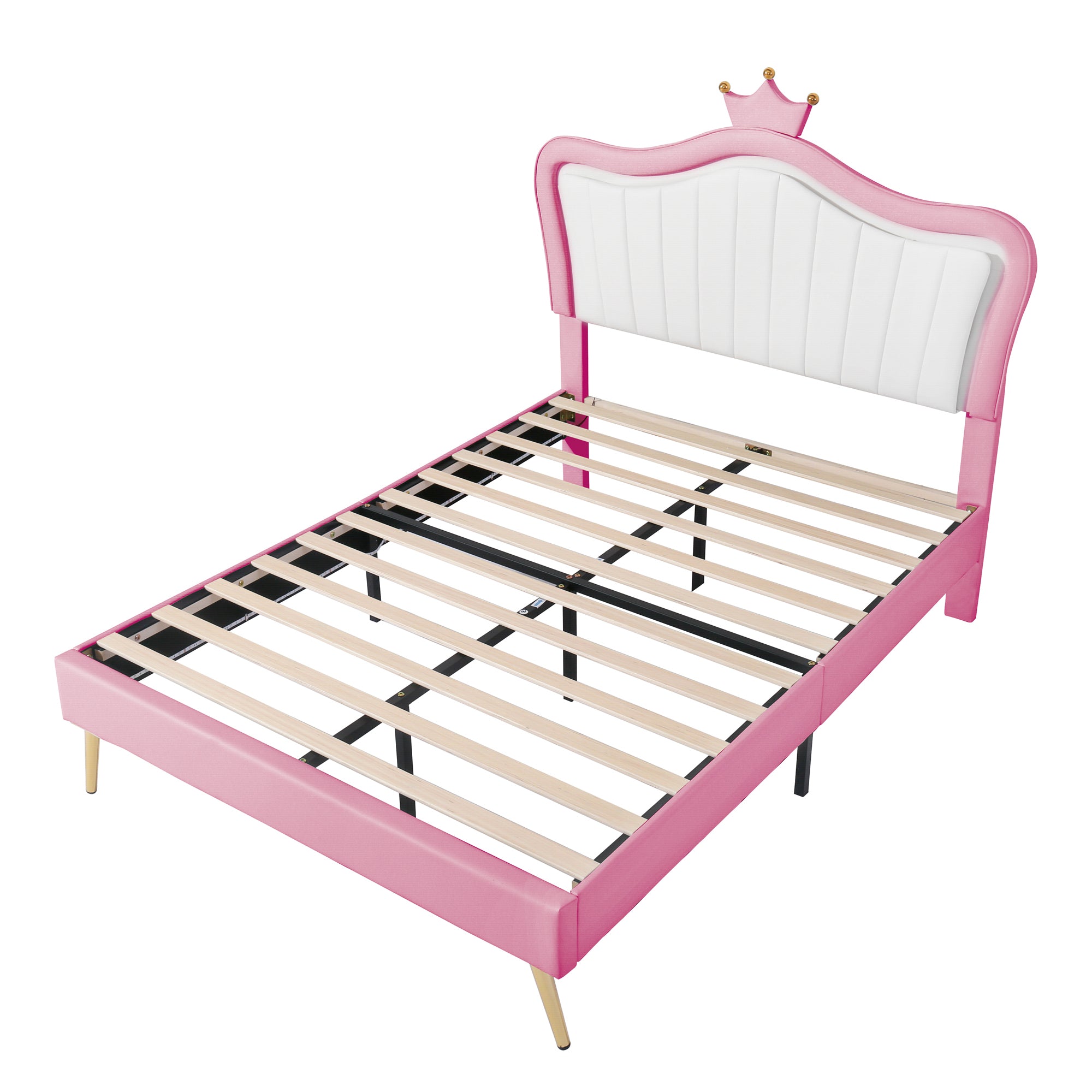 Full Size Princess Bed With Crown Headboard with LED Lights - White+Pink