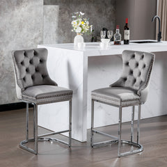 Set of 2, 26" Counter Height Modern Velvet Barstools with Button Back&Rivet Trim Upholstered Kitchen Island Chairs with Sturdy Chromed Metal Base Legs Farmhouse - Gray