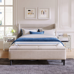 Queen Bed - Upholstered Storage Bed Frame with Storage Ottoman Bench, No Box Spring Needed - Beige