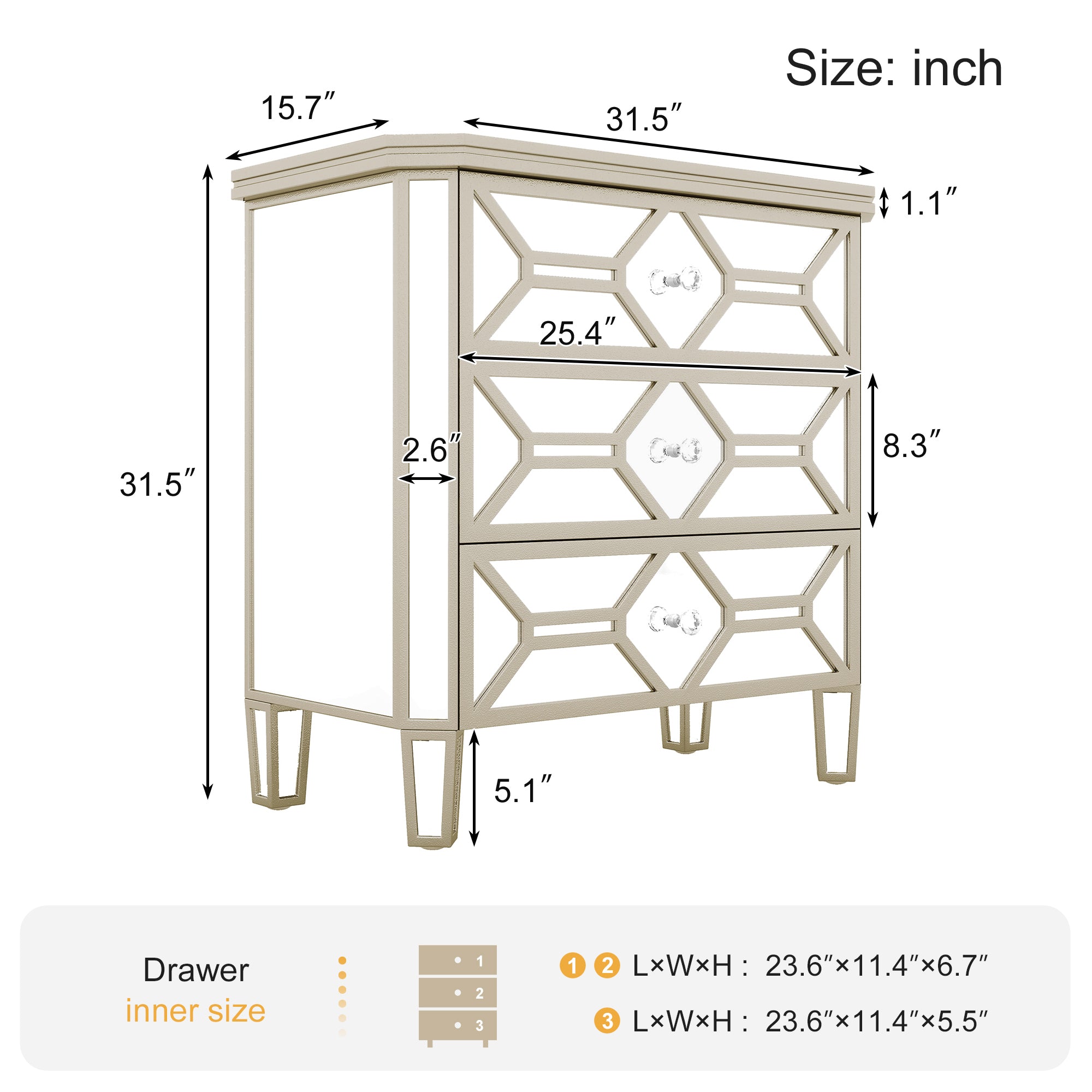 Elegant Mirrored 3-Drawer Chest with Golden Lines Storage Cabinet