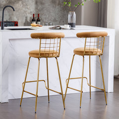 Luxury Velvet  High Bar Stool with Metal Legs and Soft Back - Camel