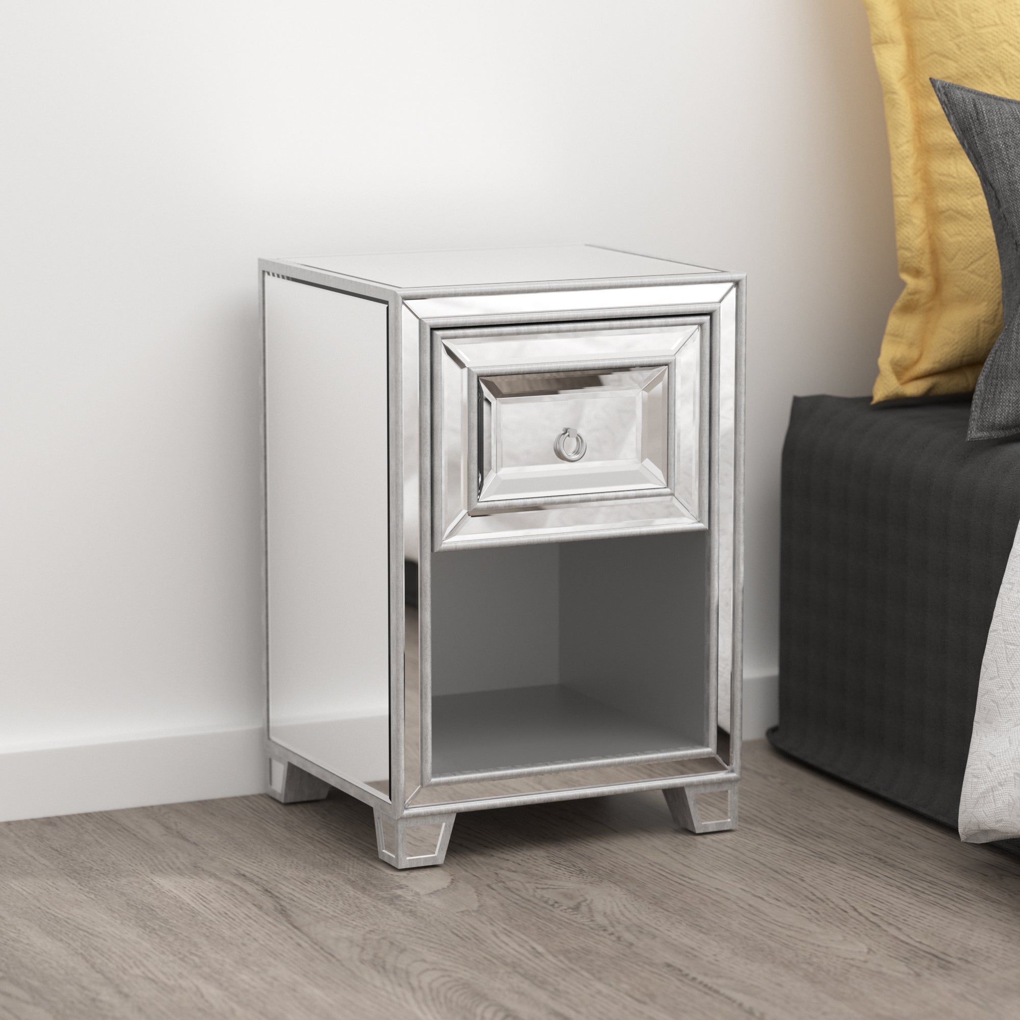 Mirrored Nightstand, Antique Painted End Table, Mini Nightstand - Silver Glass