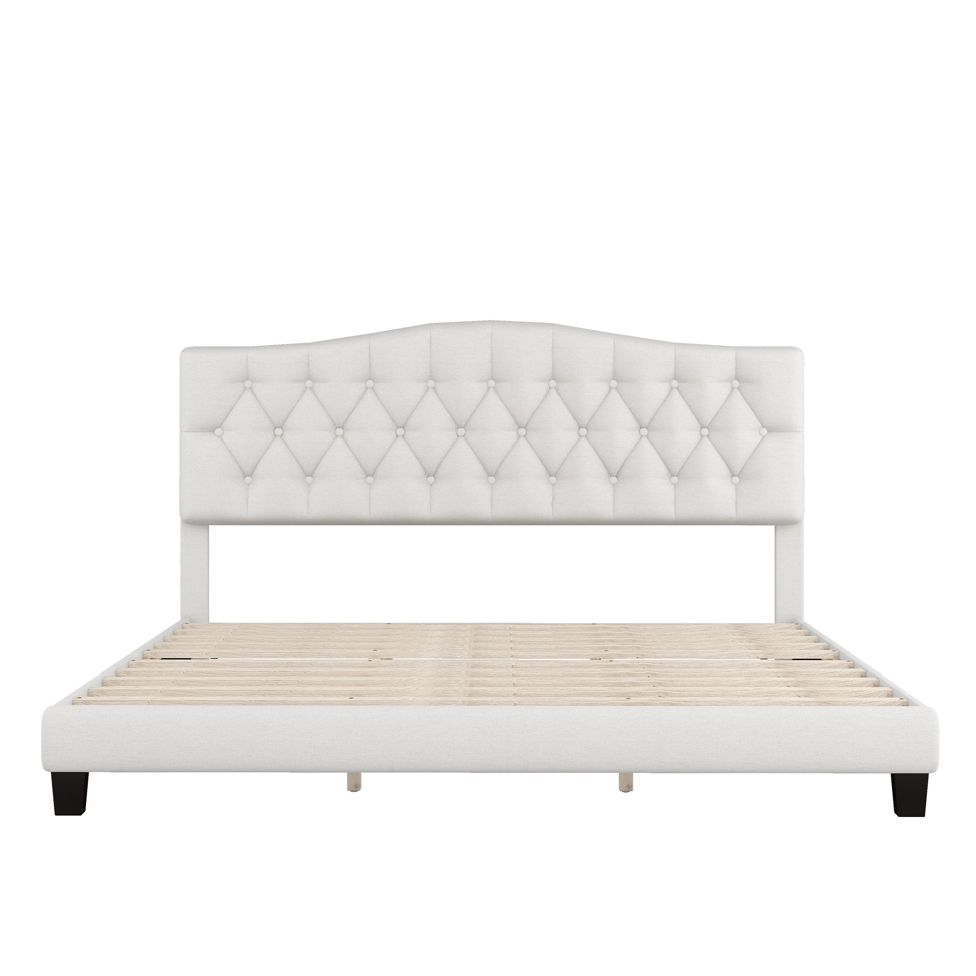 Upholstered Platform King Bed with Saddle Curved Headboard and Diamond Tufted Details - Beige