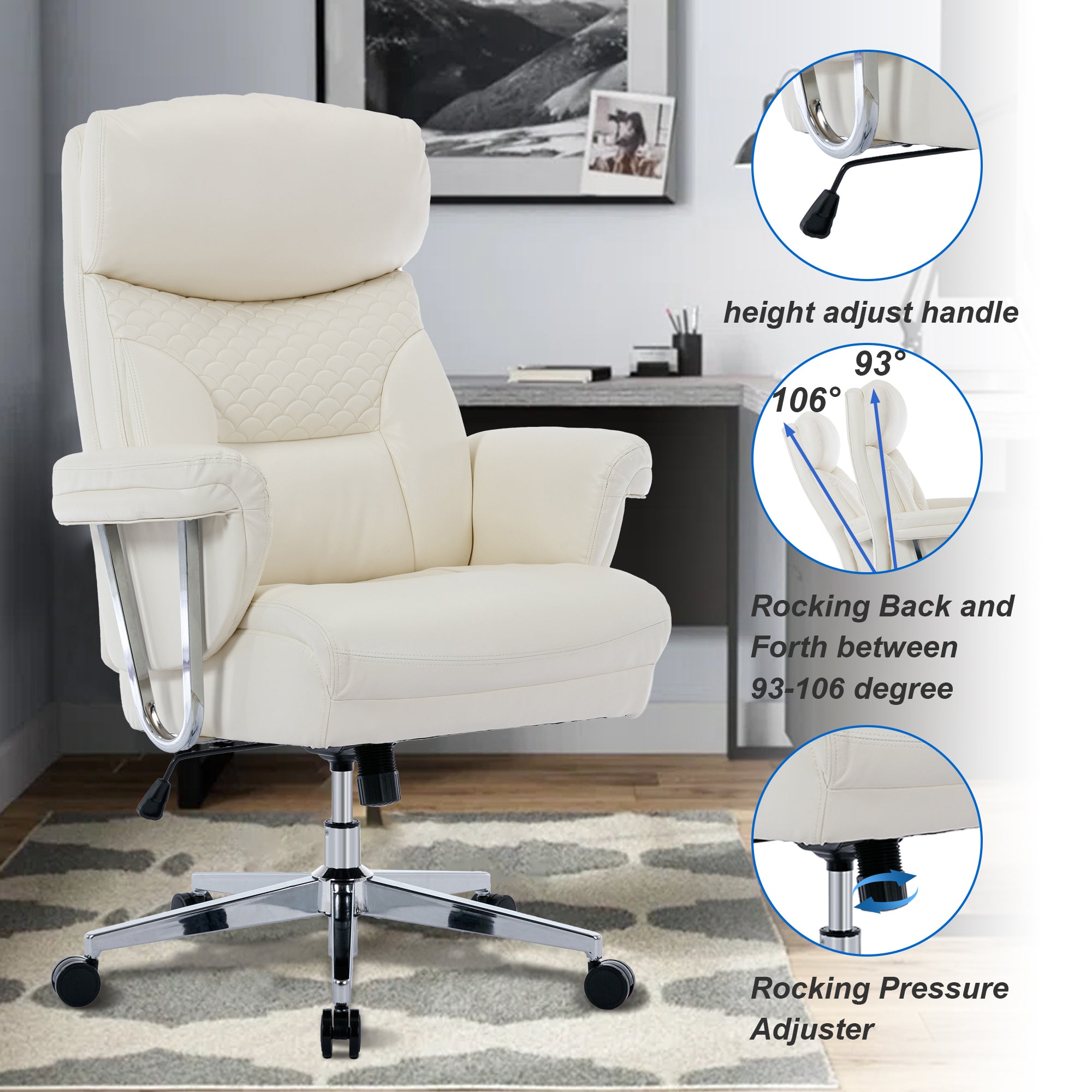 High Back Executive Office Chair 300lbs-Ergonomic Leather Computer Desk Chair - White