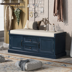 Storage Bench with 2 Drawers and 2 Cabinets with Removable Cushion - Antique Navy