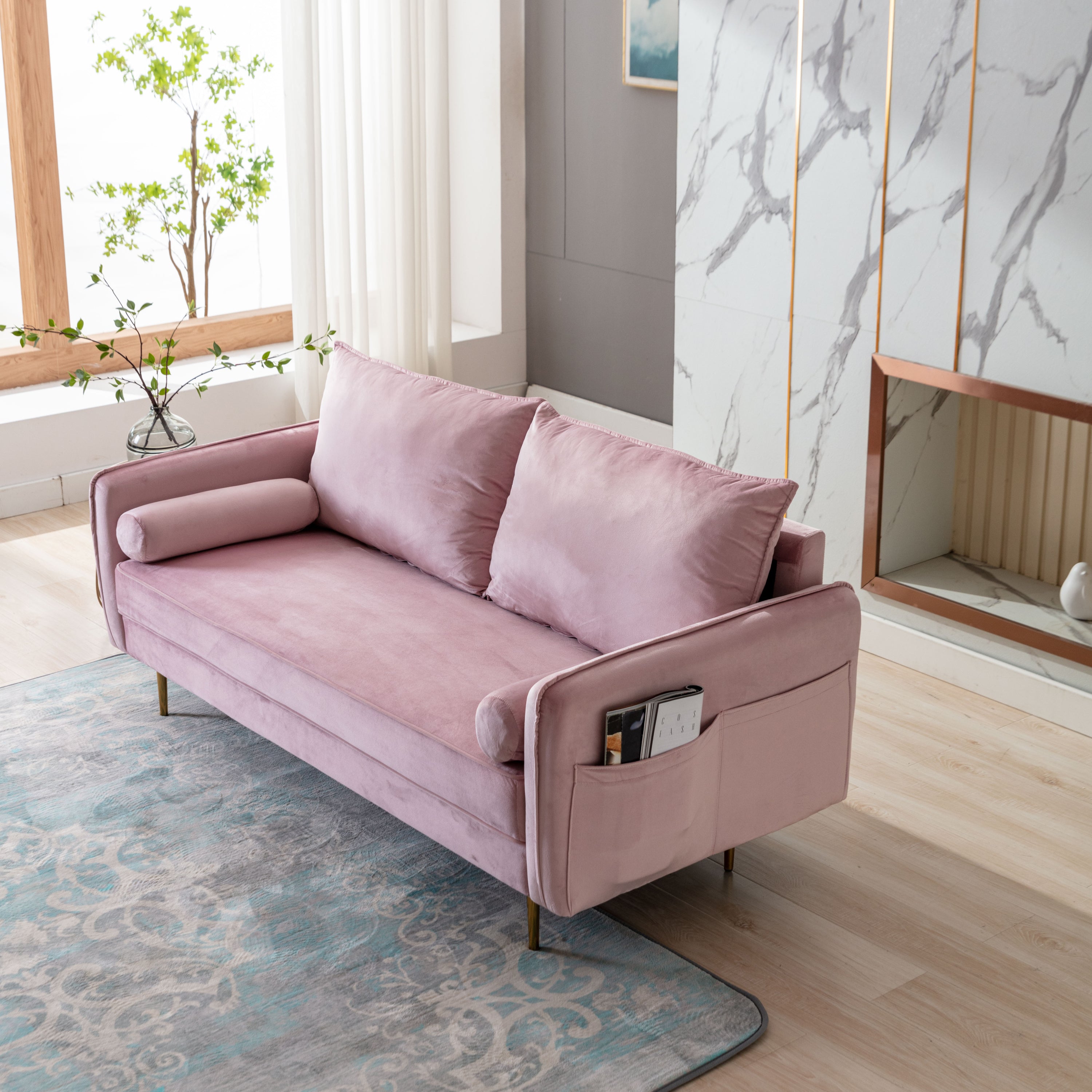 Modern Living Room Velvet Fabric Sofa Couch, Loveseat Sofa with Pocket - Pink