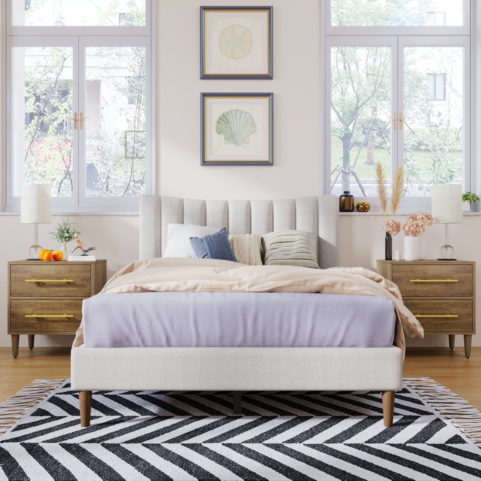 Full Bed - Upholstered Platform Bed Frame with Vertical Channel Tufted Headboard, No Box Spring Needed - Cream