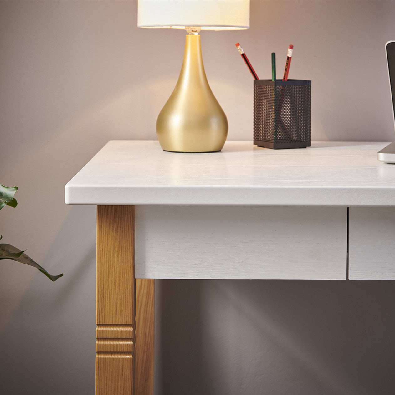 Home Office Desk Computer with Solid Wood Legs & 1 Drawer - White + Wood