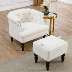 Modern Chesterfield Tufted Accent Chair with Crystal Buttons with Solid Wood Legs, Tufted Chair for Reading or Lounging - White Teddy