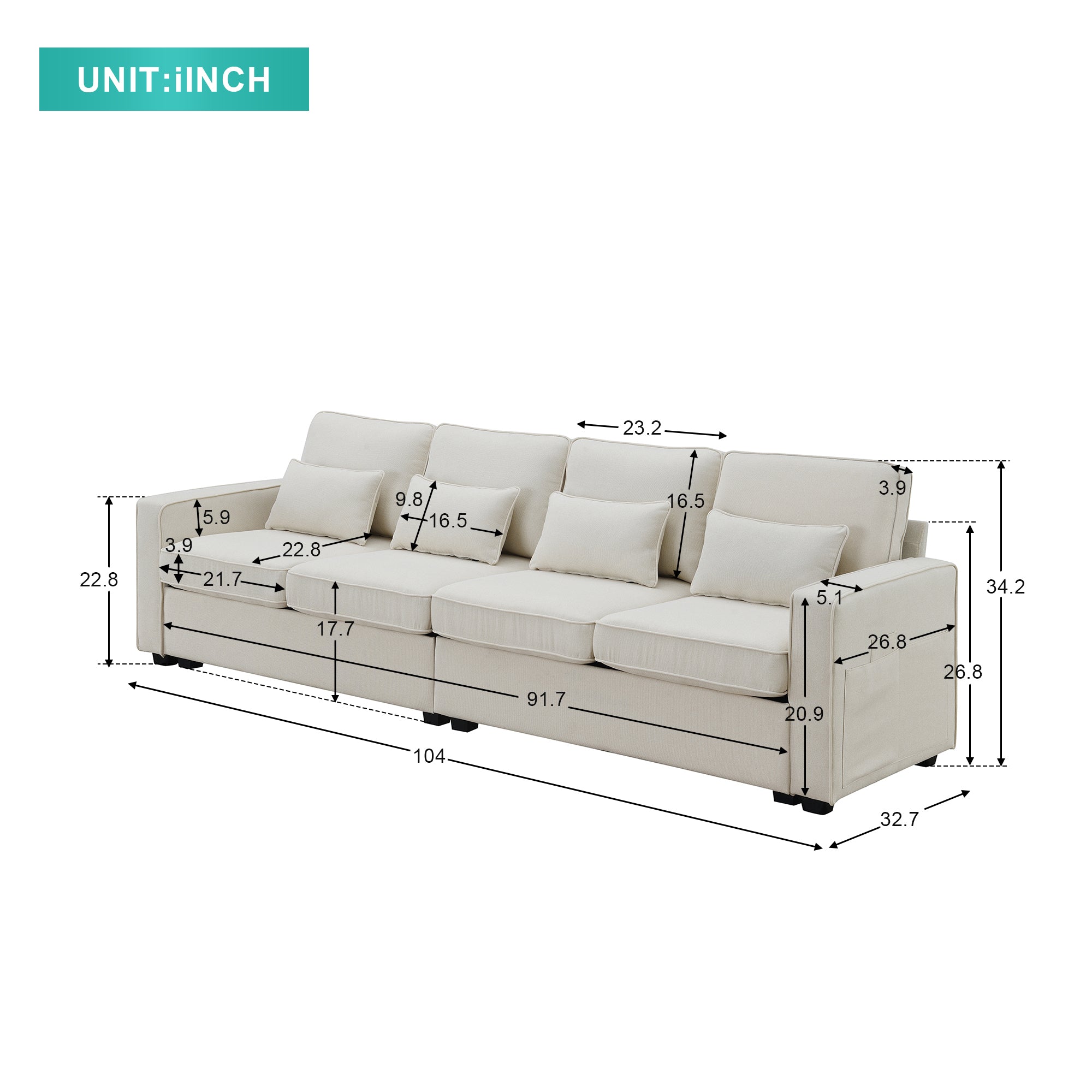 104" 4-Seater Modern Linen Fabric Sofa with Armrest Pockets and 4 Pillows,Minimalist Style Couch - Beige