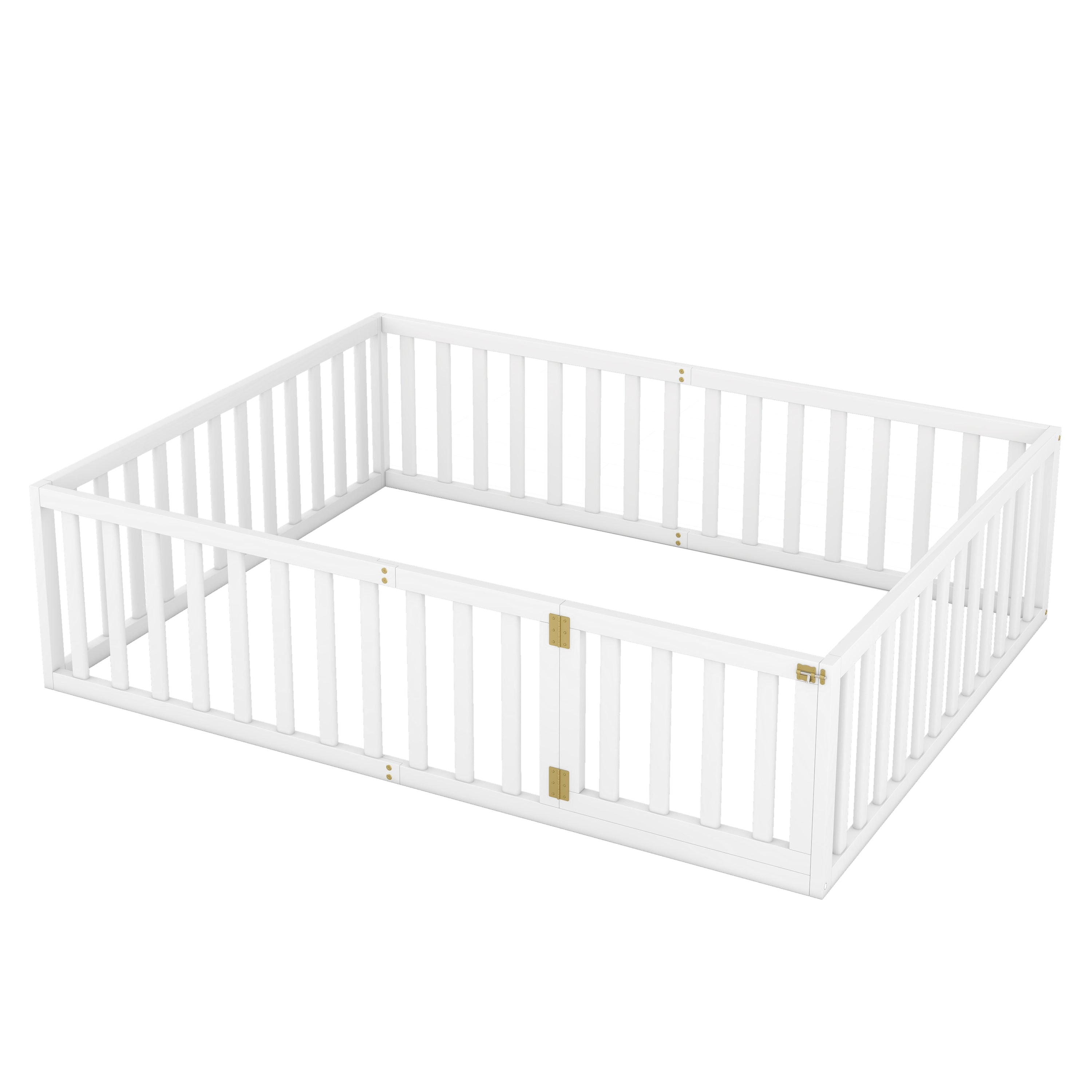 Queen Size Wood Floor Bed Frame with Fence and Door - White