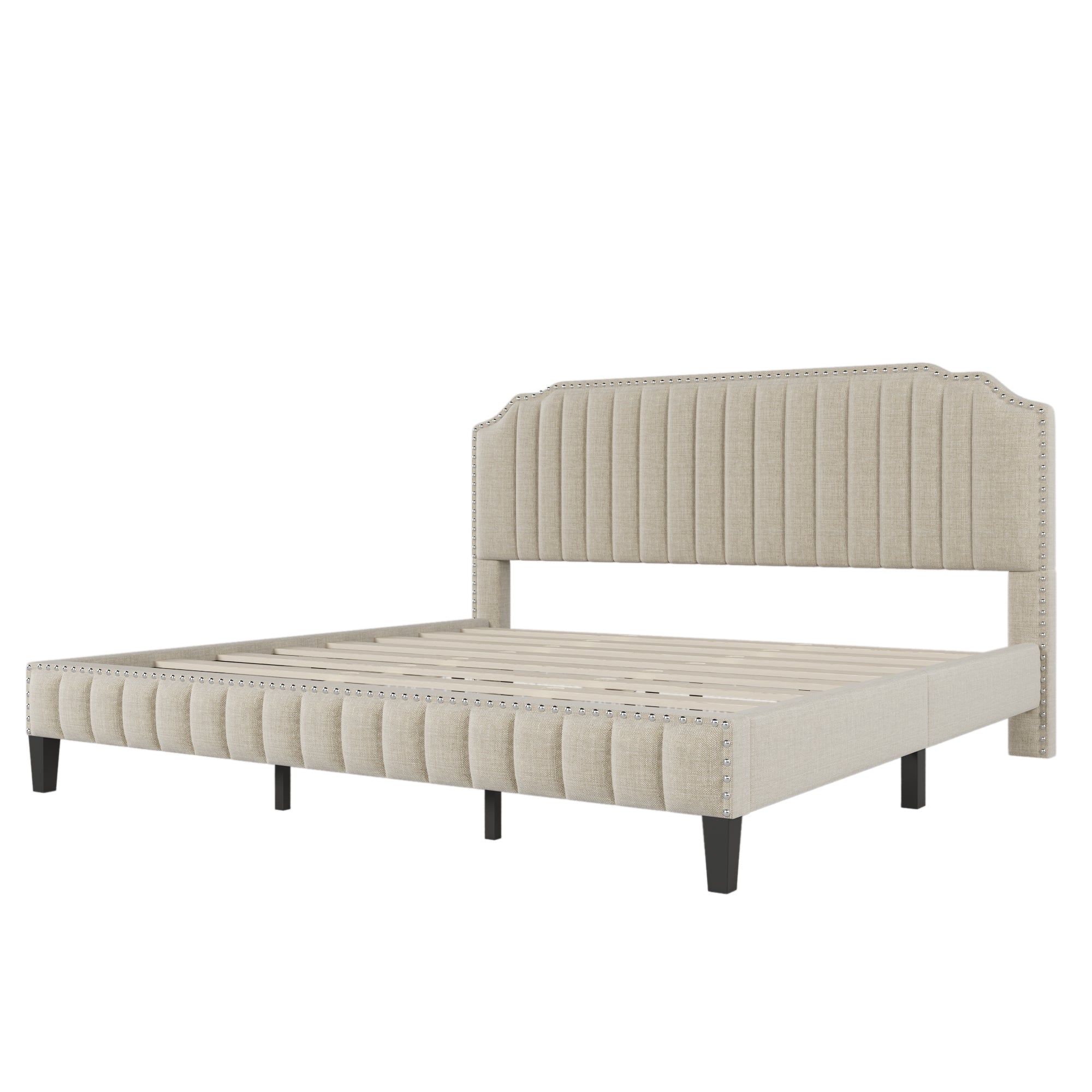 King Size Modern Linen Curved Upholstered Platform Bed - Cream