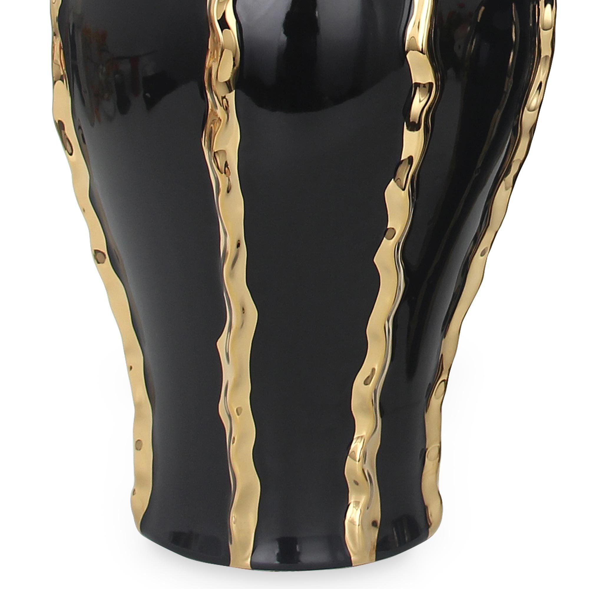 15" Elegant Black Ceramic Ginger Jar Vase with Gold Accents and Removable Lid