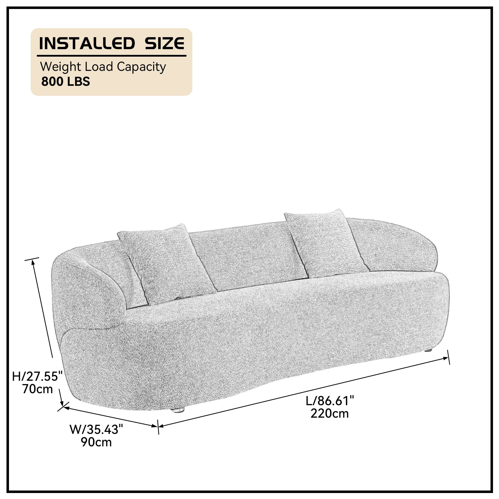 Mid Century Modern Curved Sofa, 3 Seat Cloud couch Boucle sofa Fabric Couch for Living Room, Bedroom, Office - Grey