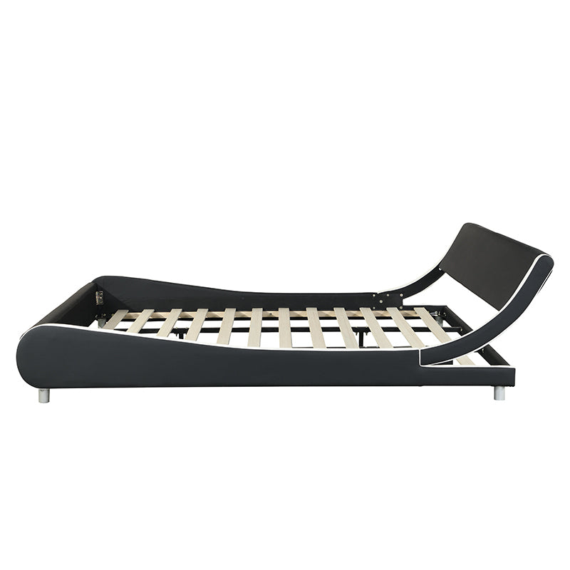 King Size Faux Leather Upholstered Platform Bed Frame, Curve Design, Wood Slat Support, No Box Spring Needed - Black+White