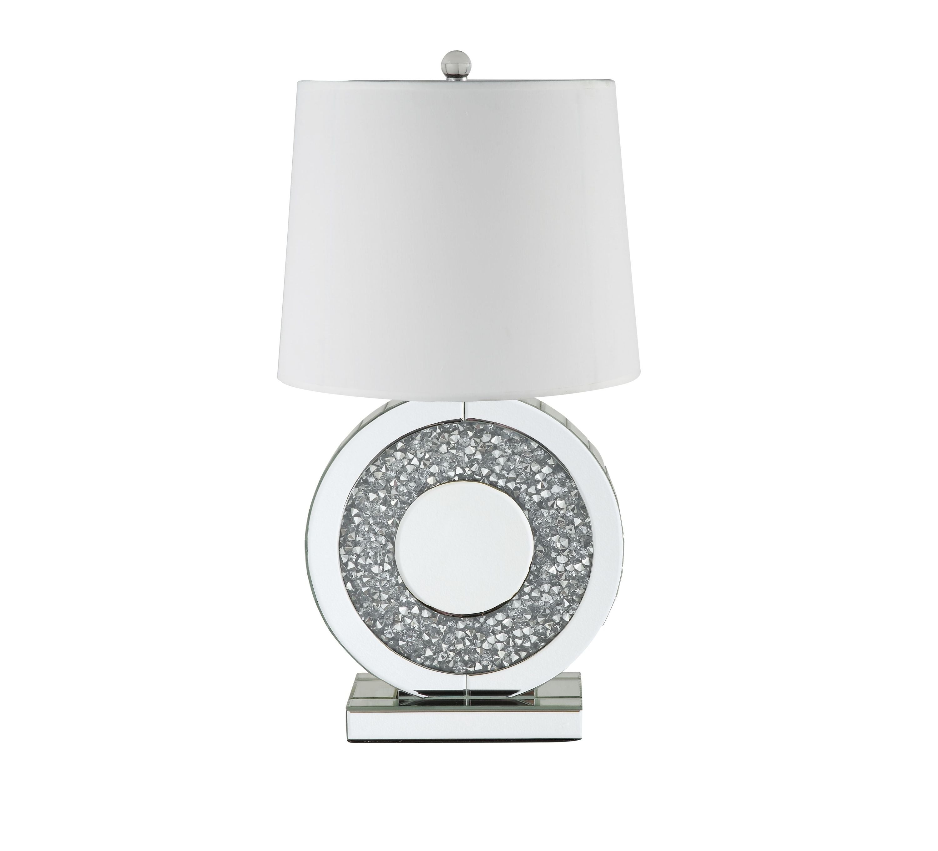 Silver Round Table Lamp, Mirrored & Faux Diamonds