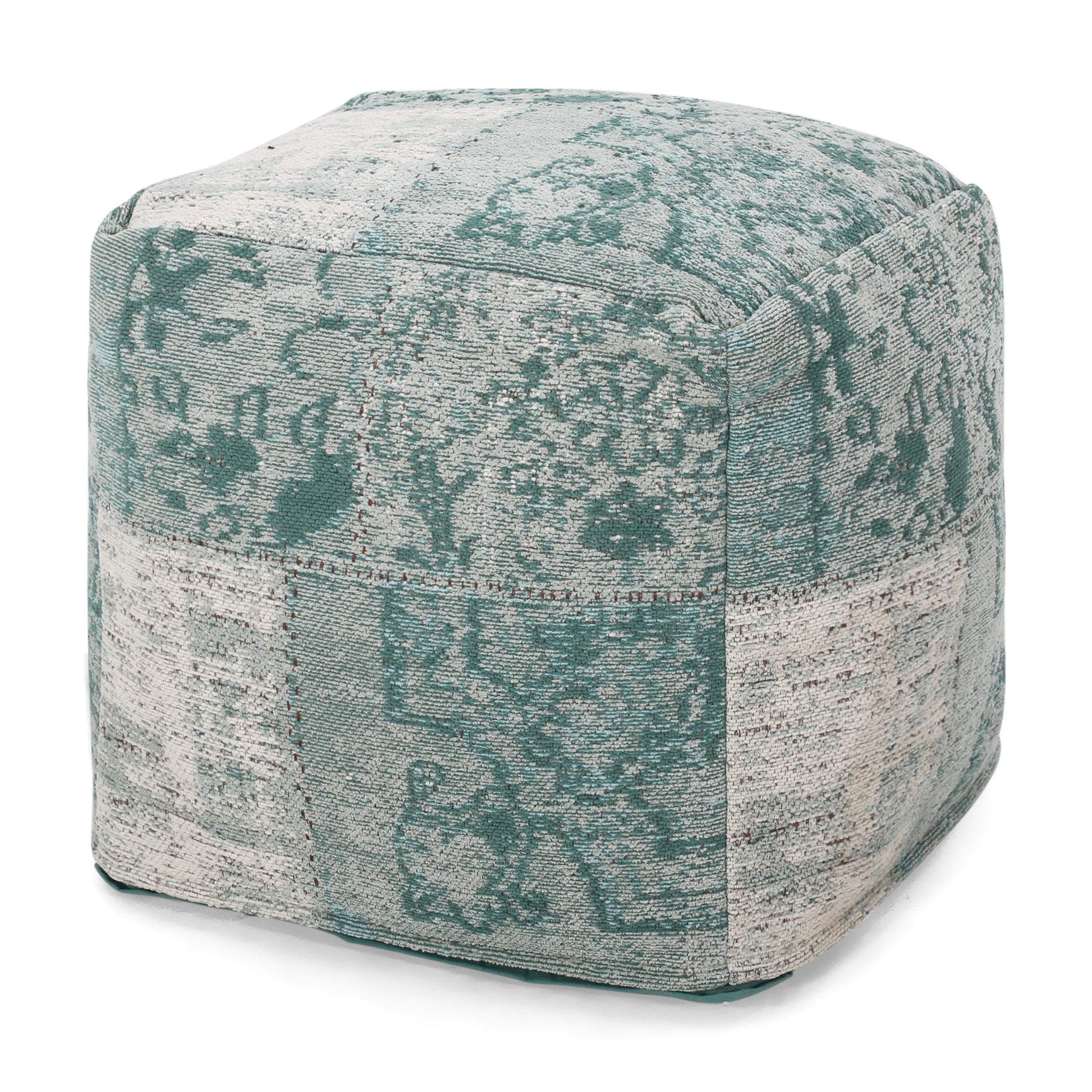 Hand Loomed Boho Teal Fabric Cube Pouf