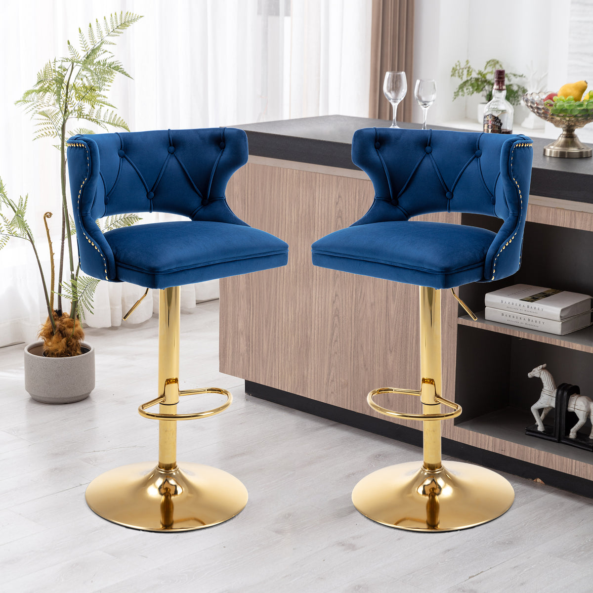 Bar Stools With Back and Footrest Counter Height Dining Chairs (Set of 2) - Velvet Blue