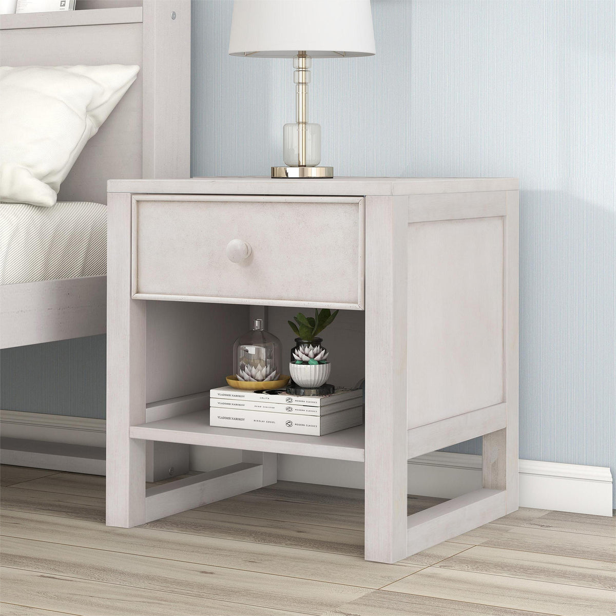 Wooden Nightstand with a Drawer and an Open Storage - Antique White
