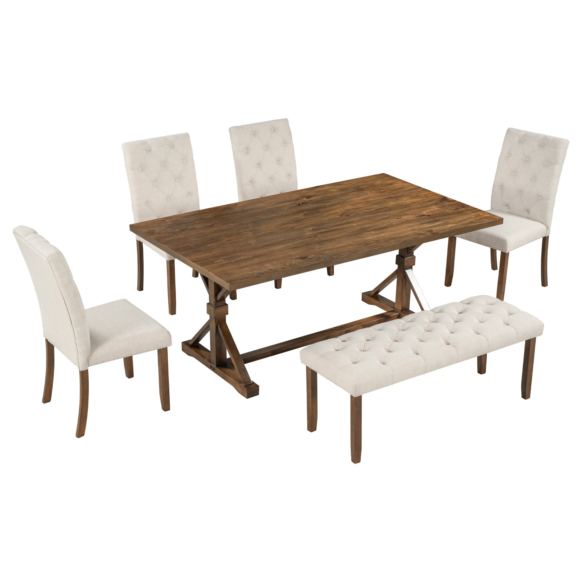 6-Piece Farmhouse Dining Table Set 72" Wood Rectangular Table, 4 Upholstered Chairs with Bench - Walnut