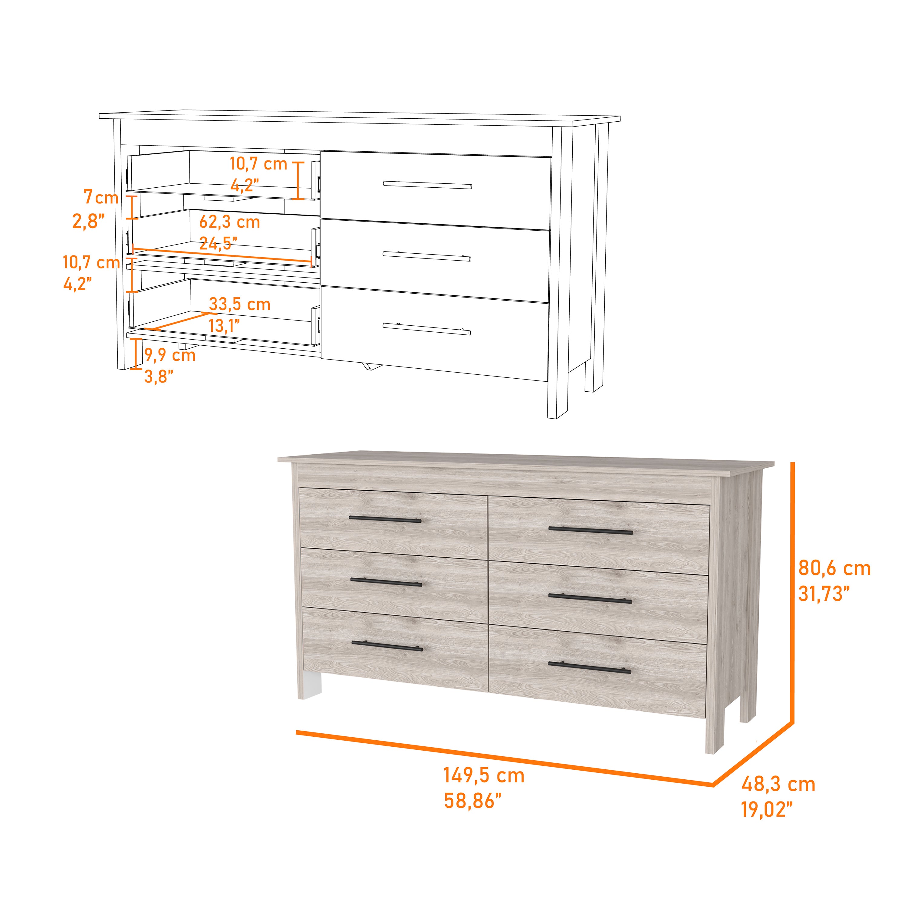 6-Drawer Rectangle Dresser Light Gray