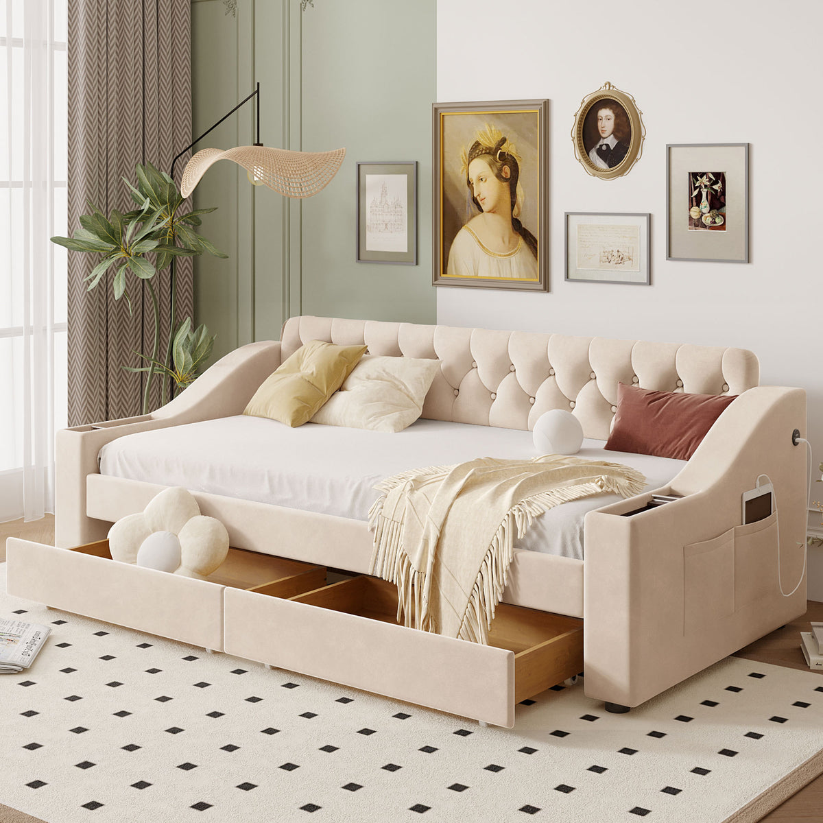 Twin Size Upholstered Daybed with Storage Armrests and USB Port - Beige