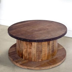 Mango Wood Farmhouse Coffee Table with Rustic Plank Style Round Top and Base - Walnut and Natural Brown