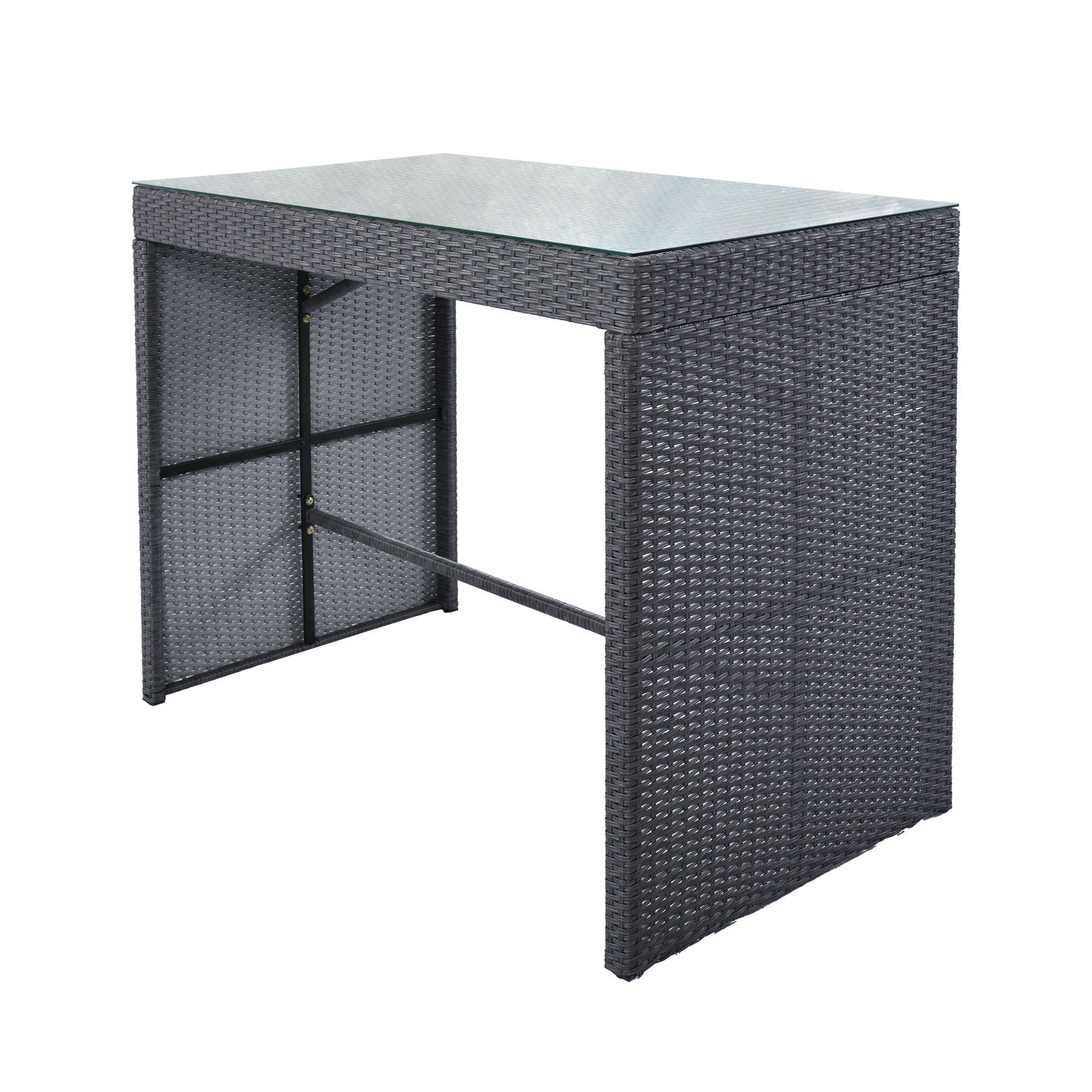 5-piece Rattan Outdoor Patio Furniture Set Bar Dining Table Set with 4 Stools - Gray Cushion + Gray Wicker