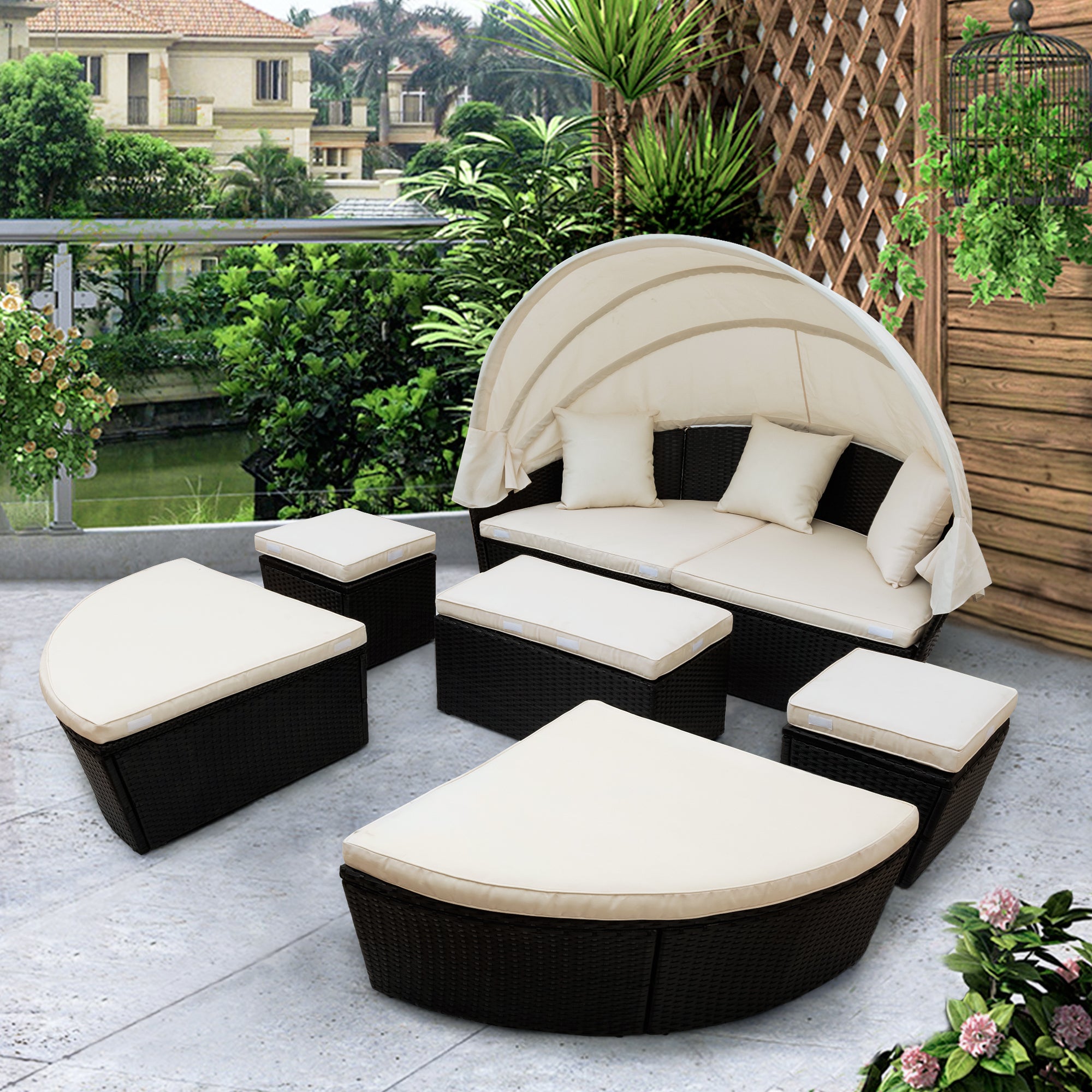 Outdoor Rattan Daybed Sunbed with Retractable Canopy Wicker - Beige