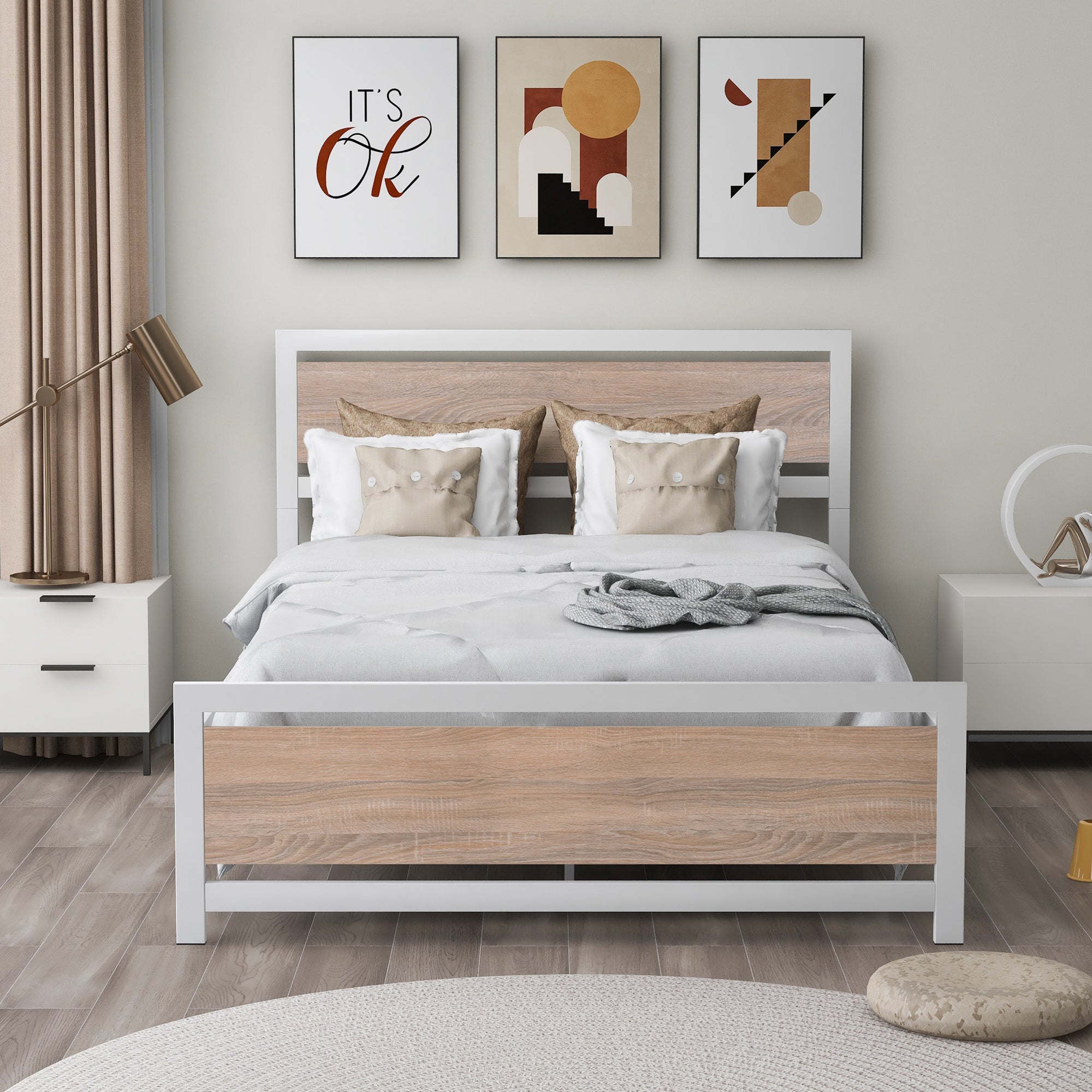Full Size Platform Bed No Box Spring Needed- White